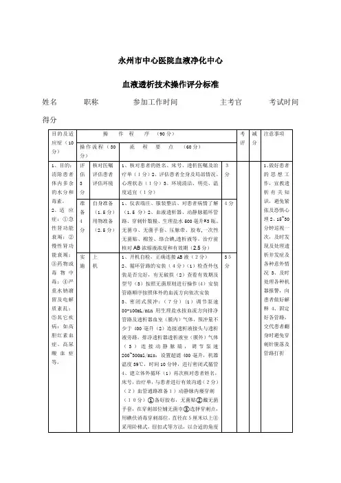 血液透析技术操作评分标准