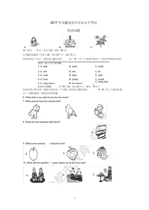2017年安徽省中考英语试题含答案(Word版),推荐文档