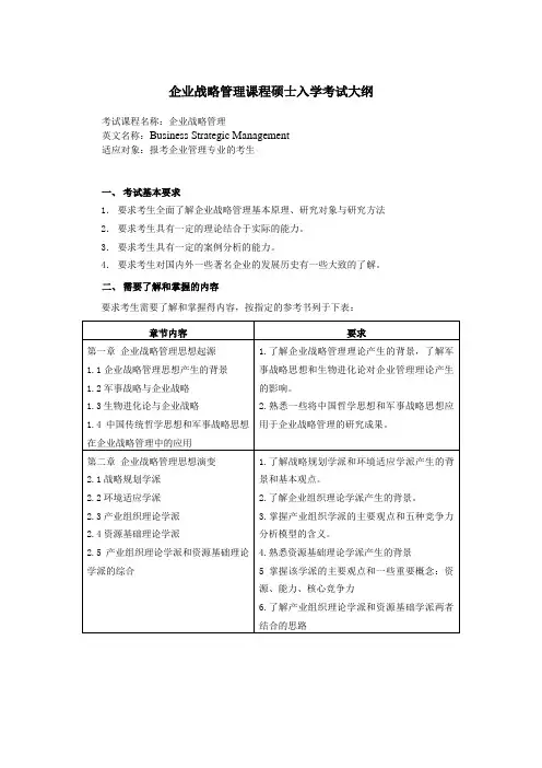 企业战略管理课程硕士入学考试大纲