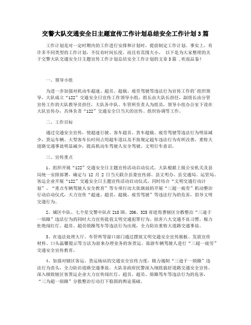 交警大队交通安全日主题宣传工作计划总结安全工作计划3篇