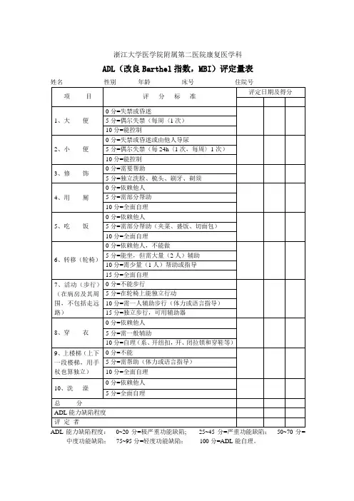 (完整版)ADL(改良Barthel指数)评定量表