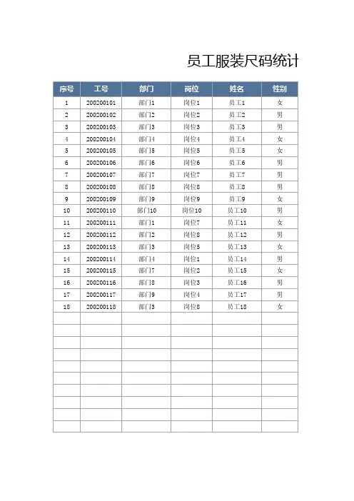 员工服装尺码统计表