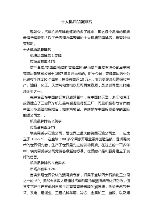 十大机油品牌排名