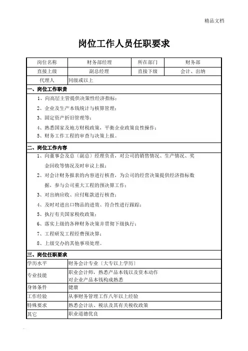 财务部岗位任职要求