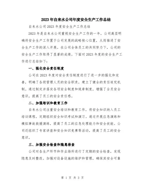 2023年自来水公司年度安全生产工作总结