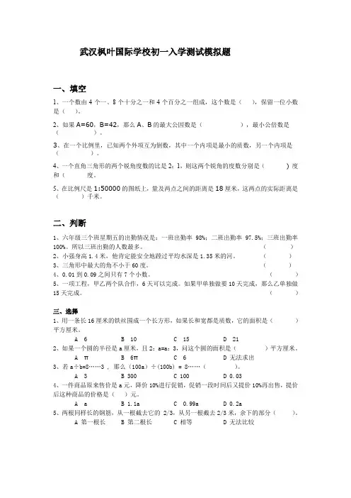 武汉枫叶国际学校初一入学测试模拟题