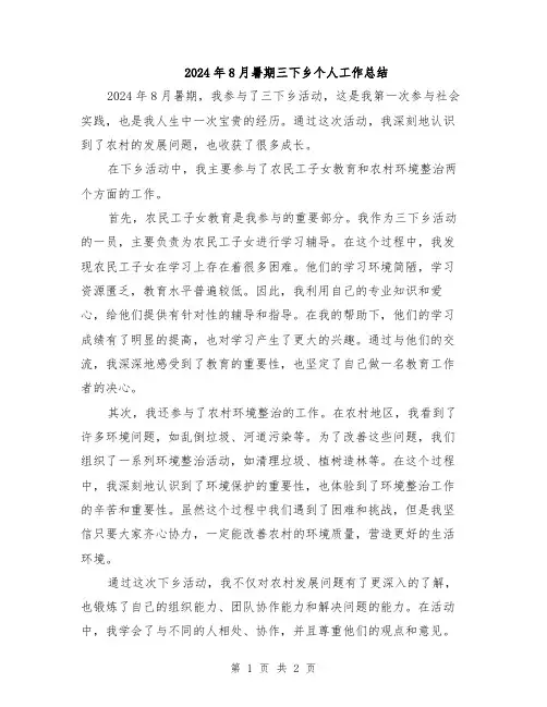 2024年8月暑期三下乡个人工作总结