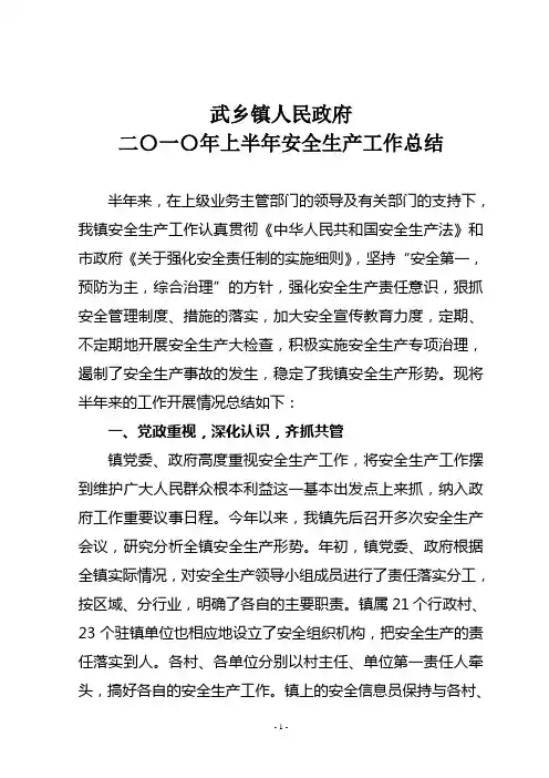2010年上半年安全生产工作总结