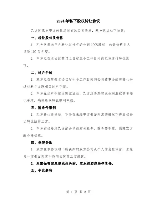 2024年私下股权转让协议