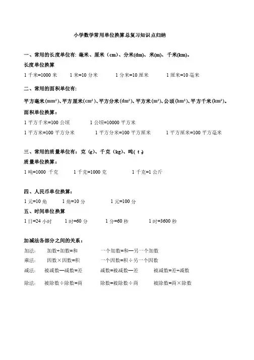 小学（1-5年级）数学常用单位换算总复习知识点归纳
