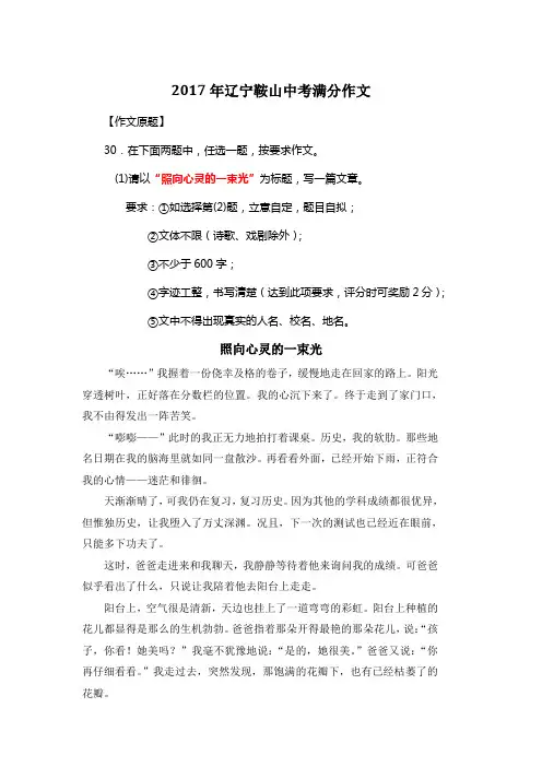 2017年辽宁鞍山中考满分作文《照向心灵的一束光》2