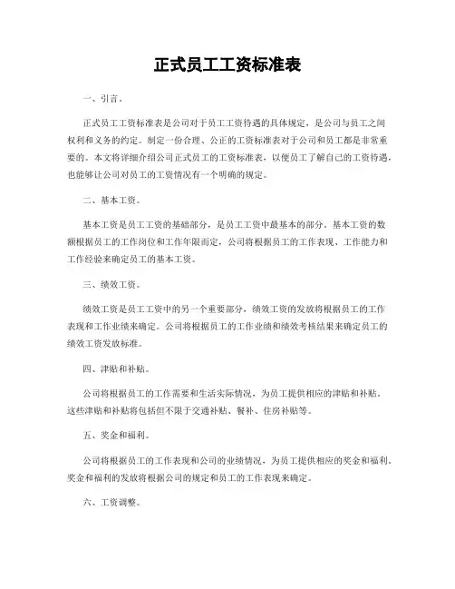 正式员工工资标准表