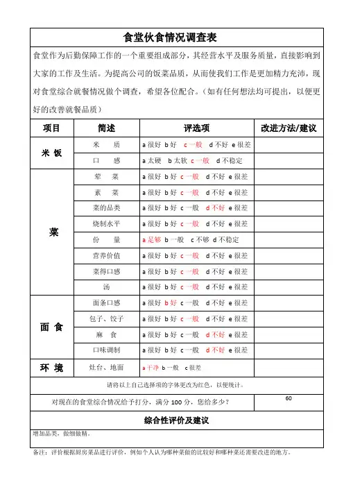 食堂就餐情况调查表