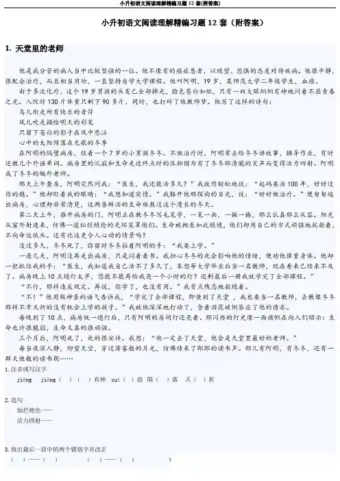 小升初语文阅读理解精编习题12套(附答案)