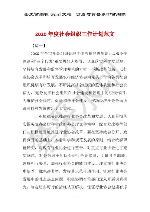 2020年度社会组织工作计划范文 