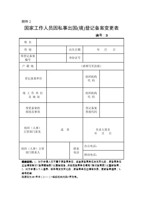 国家工作人员因私事出国(境)登记备案变更表