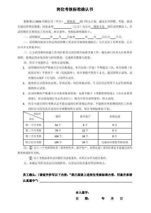 销售员工岗位考核标准确认书