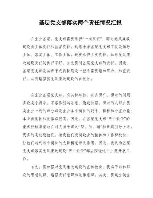 基层党支部落实两个责任情况汇报