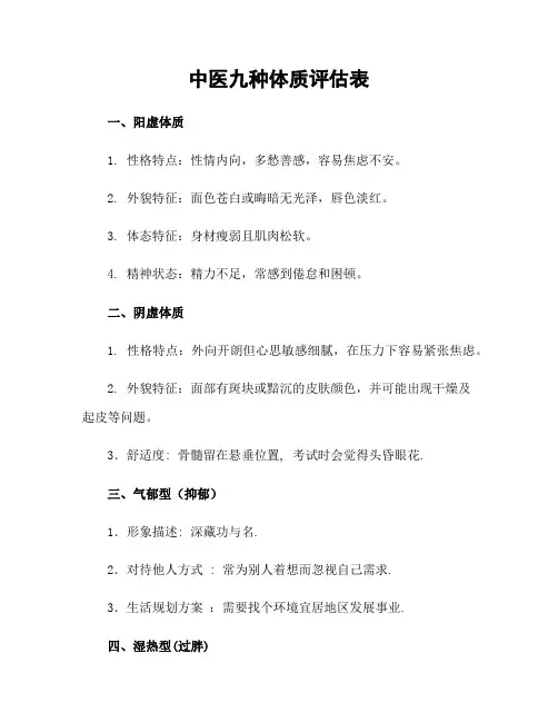中医九种体质评估表