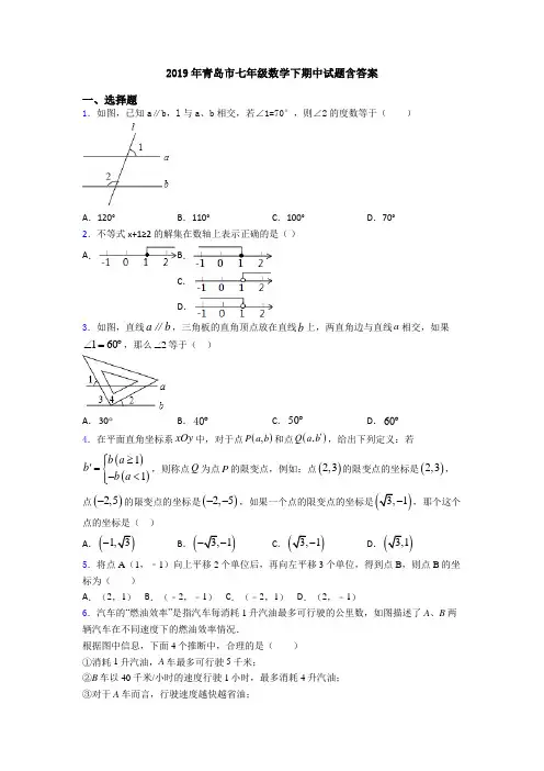 2019年青岛市七年级数学下期中试题含答案