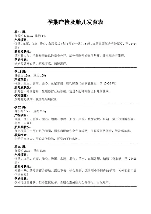 孕期产检及胎儿发育表