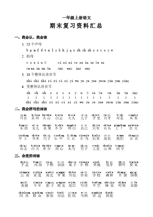 一年级上册语文《期末复习资料汇总》