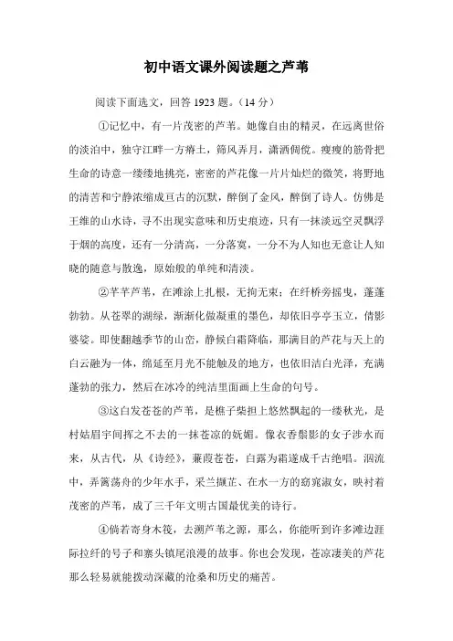 初中语文课外阅读题之芦苇.doc
