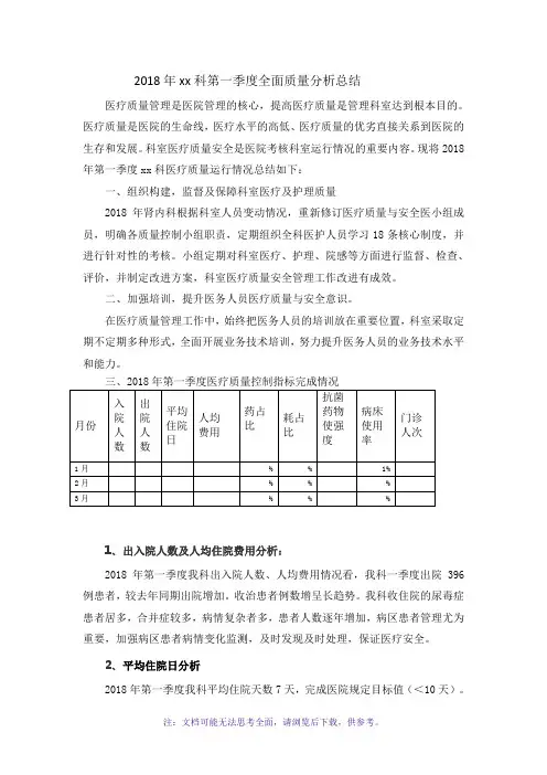 2018科室第一季度医疗质量分析总结