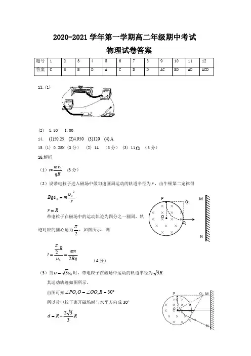 江苏省盐城四县2020-2021学年高二上学期期中联考试题 物理(选修)答案