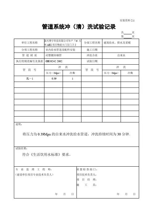 管道系统冲(清)洗试验记录