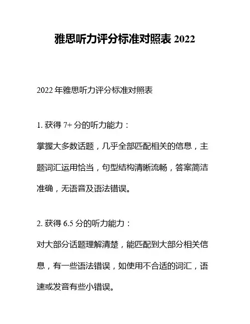 雅思听力评分标准对照表2022