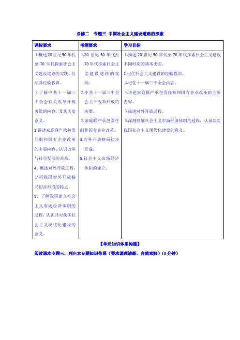 河北省邢台市第二中学人民版高中历史必修二导学案:专题三 中国社会主义建设道路的探索 单元复习 Word版含