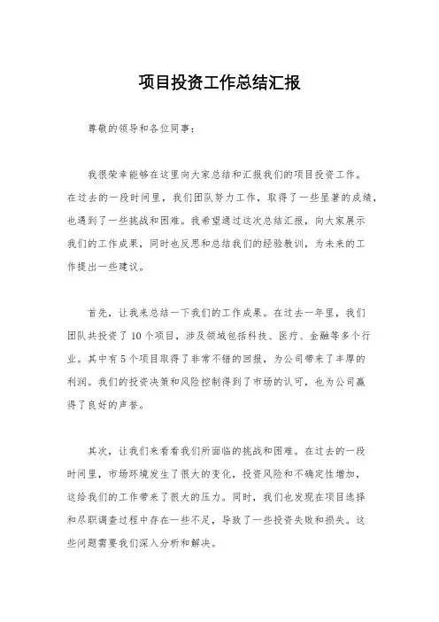 项目投资工作总结汇报