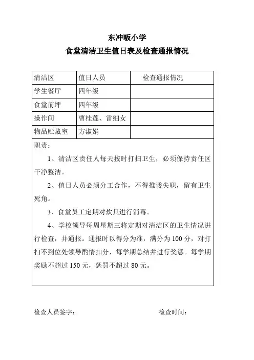 平湖小学食堂清洁卫生值日表档