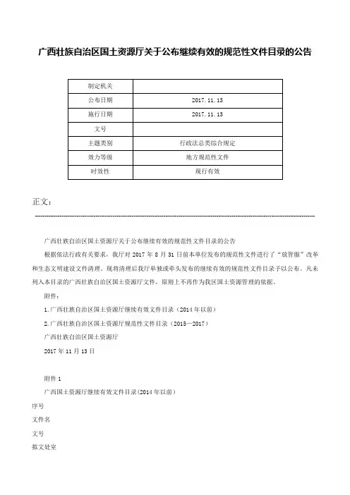 广西壮族自治区国土资源厅关于公布继续有效的规范性文件目录的公告-