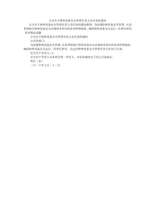 公司关于特种设备安全管理负责人员任命的通知