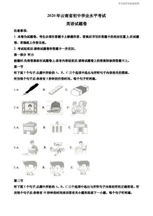 精品解析：云南省2020年中考英语试题(原卷版)