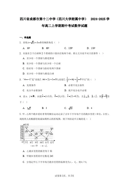 四川省成都市第十二中学(四川大学附属中学) 2024-2025学年高二上学期期中考试数学试题