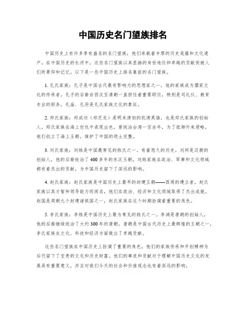 中国历史名门望族排名