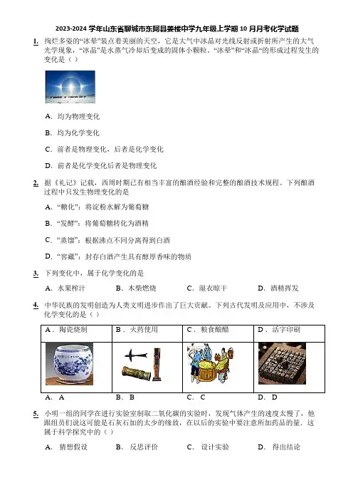 2023-2024学年山东省聊城市东阿县姜楼中学九年级上学期10月月考化学试题