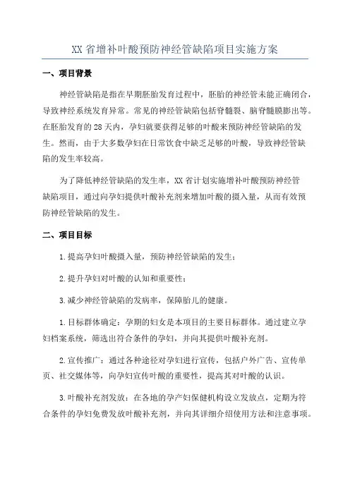 XX省增补叶酸预防神经管缺陷项目实施方案