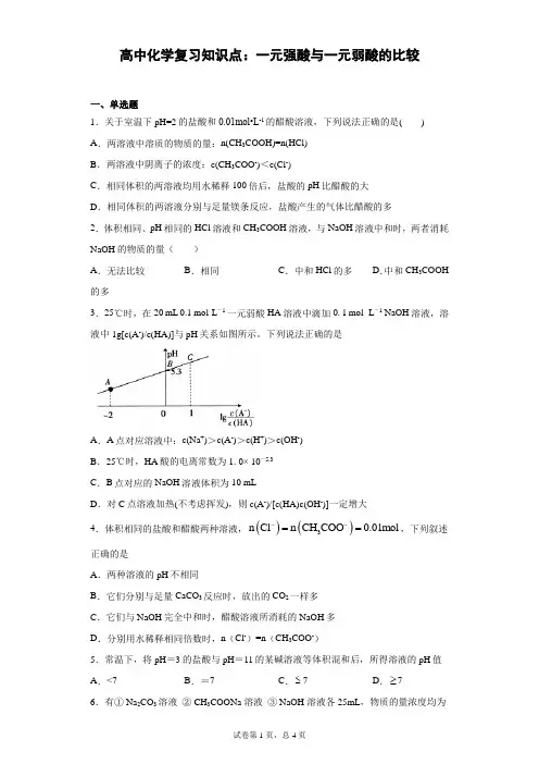 高中化学复习知识点：一元强酸与一元弱酸的比较