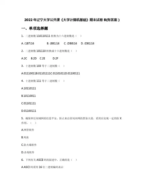 2022年辽宁大学公共课《大学计算机基础》期末试卷B(有答案)