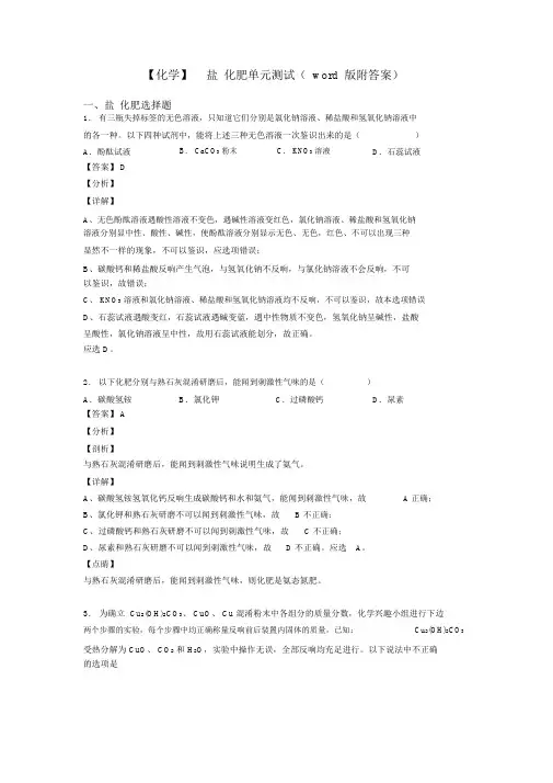 【化学】盐化肥单元测试(word版附答案)