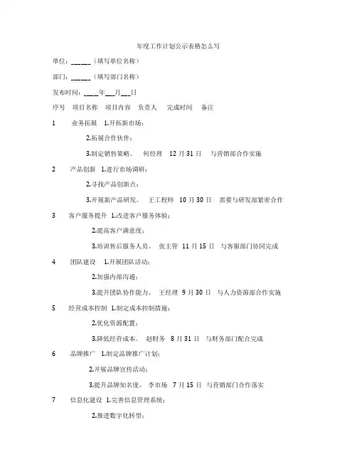 年度工作计划公示表格怎么写