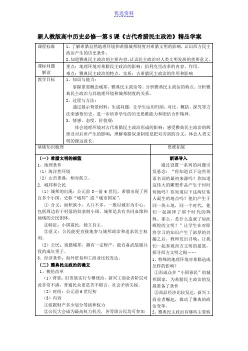 高中历史必修一第5课《古代希腊民主政治》精品学案
