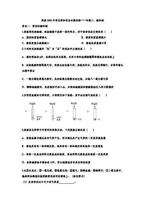 【精品整理】2020中考化学知识点专题训练三：酸和碱