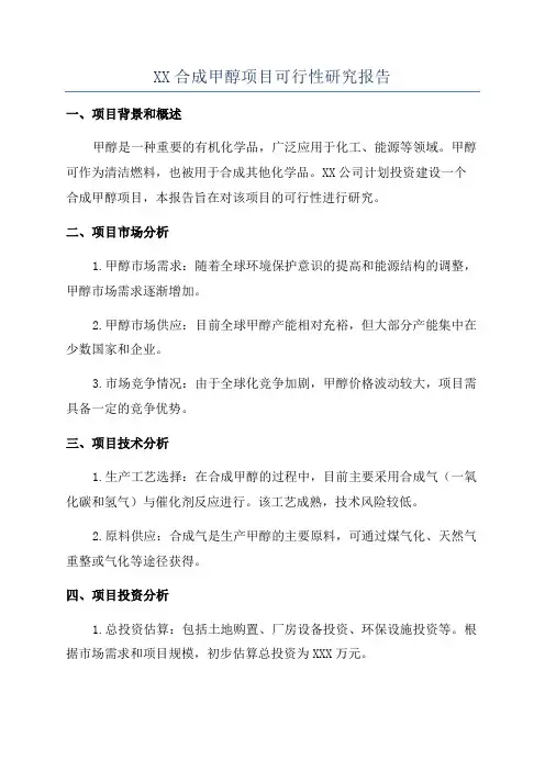 XX合成甲醇项目可行性研究报告
