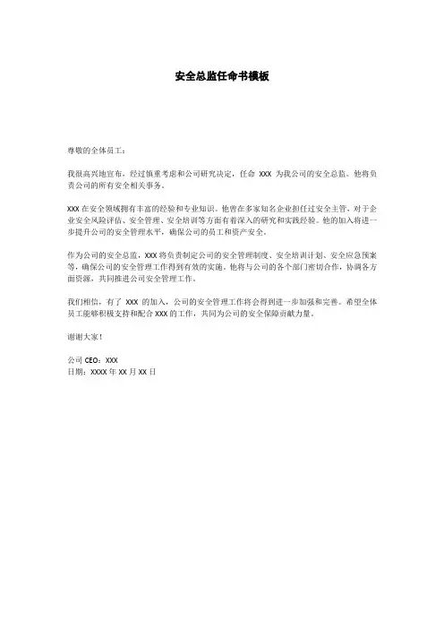 安全总监任命书模板