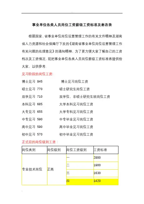 事业单位各类人员岗位工资薪级工资标准及套改表